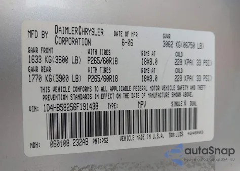 2006 Dodge Durango Limited from USA, damaged, VIN 1D4HB58256F191438